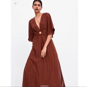 Zara Burnt Orange Midi Dress With Keyhole Size XS